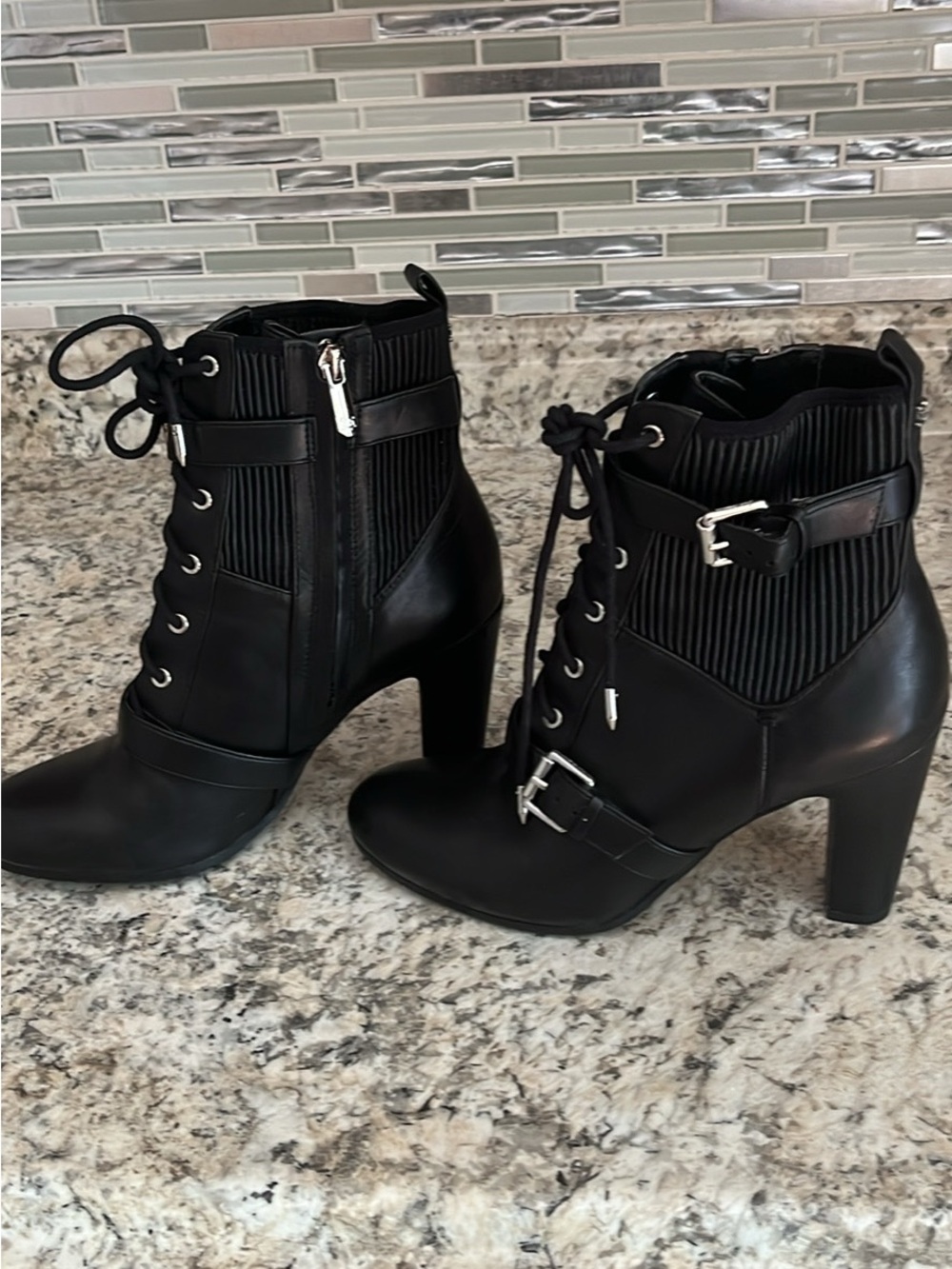 Uniqlo Black Lace-Up Ankle Boots with Buckle Trim
